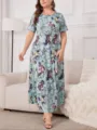 Abito lungo taglie forti floreale, vestito casual maniche corte azzurro per le donne. - 0XL / Vestiti / Azzurro
