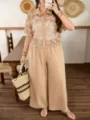 Beiges Damen Set in Übergröße Spitze Kurzarmhemd und bequeme weite Hosen Freizeit Outfit - 39