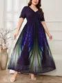 Abito lungo taglie forti viola scollo V maniche corte stampa piume pavone. - 0XL / Vestiti / Viola scuro