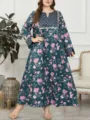 Plus size long sleeve floral print maxi dress in dark green, elegant loose casual wear for women. - 0038