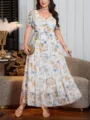 Grote maat bloemenprint korte mouw maxi jurk, elegante V-hals gelaagde casual jurk voor vrouwen. - Bloemen Maxi-rok