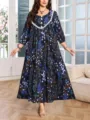 Plus Size Blumen Langarm Maxikleid mit Spitzenbesatz und dekorativen Knöpfen für Damen. - Stil 238