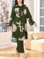 Grosse Grössen grüne Blumen Langarm Bluse mit Knöpfen und passender Hose zweiteiliges Set - 42