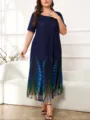 Abito taglia forte blu navy a maniche corte con orlo sfumato in piuma variante donna. - 2XL / Vestiti / Blu scuro
