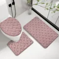 Pink faux rabbit hair bathroom mat set, 3 pieces thick non-slip toilet seat cover floor rug. - Purple Pink