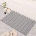 Grey microfiber striped bath mat, non-slip absorbent floor rug for bathroom and entry. - Gray