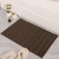 Dark brown microfiber striped bath mat, non-slip absorbent floor rug for bathroom and entry. - Brown