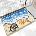 Alfombra de baño de felpa antideslizante con diseño de olas del mar, playa, concha y estrella. - Bosque Submarino Horizontal