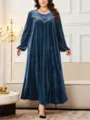 Plus size velvet long dress for women, elegant long sleeve maxi gown with delicate collar trim details. - Blue Velvet