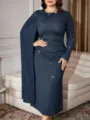 Detailed view of the elegant dark blue glitter evening dress featuring a stylish cape sleeve design. - Dark Blue Sequin