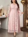 Plus size pink lace long sleeve maxi dress for women elegant floral crochet evening party - Pink Lace