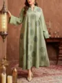 Plus size long sleeve green maxi dress with elegant mandala embroidery for women casual wear. - Light Green Embroidery