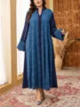 Plus size long dress for women, elegant blue abaya with eyelet embroidery and button front details. - Dark Blue Hollow