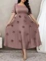 Plus size 3D floral midi dress with square neck and short ruffle sleeves for women. - Gray Pink Floral