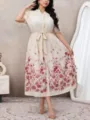Plus size floral print midi dress for women, elegant button-down summer dress with belt. - Beige Printed