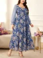 Plus Size Long Sleeve Floral Maxi Dress Casual Elegant Blue Dress for Women Daily Wear - Blue Floral