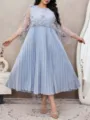 Light blue plus size pleated dress with sheer mesh floral capelet overlay, elegant party wear. - Light Blue Mesh