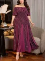 Elegant plus size off-shoulder shimmering evening party dress with pleated panels. - Wine Red Sequin