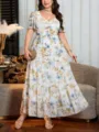 Plus size floral maxi dress for women, elegant V-neck short sleeve summer long dress outfit. - Floral Short Sleeve
