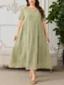 Plus Size V-Neck Embroidered Maxi Dress Casual Summer Green Short Sleeve Long Robe - Light Green V-Neck