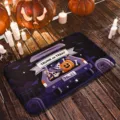 Halloween doormat soft flannel floor mat with spooky pumpkin car design for home entryway. - Flannel Purple Cemetery Car