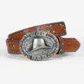Close-up detail of western retro cowboy hat metal buckle brown embossed leather belt surface. - 120cm / Hat
