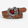 Detailed view of a retro embossed leather belt with intricate floral patterns and red heart buckle. - 120cm / Heart