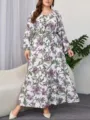 Abito maxi lungo floreale a maniche lunghe con cintura in vita da donna elegante. - 1XL / Vestiti / Floreale Viola