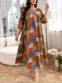 Abito lungo casual ampio con patchwork da donna, abito maxi vintage con scollo a V. - 0085