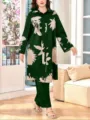 Plus Size gruenes Blueten Zweiteiler Outfit langarm Hemd und bequeme weite Hose - 44