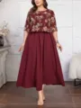 Bordeauxrode grote maat kanten maxi-jurk, elegante losse lange jurk voor mode dames. - Wijnrood met Kant