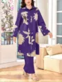Große Größen lila floral Knopfleiste Hemd und Hose Set Freizeit Zweiteiler elegante Damenbekleidung - 45