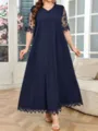 Übergröße dunkelblaues Maxikleid mit V-Ausschnitt und transparenter Spitzendetail. - Stil 253