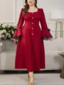 Vestito rosso a maniche lunghe taglia forte, elegante abito midi con scollo quadrato e pizzo. - 0069