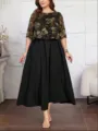 Plus size zwarte maxi-jurk met gouden bloemen mesh top, elegante korte mouw avondjurk. - Gouden Gaas Nep Twee-Delig