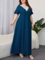 Abito lungo maxi blu taglia forte scollo a V in pizzo manica corta donna elegante chic - 1XL / Vestiti / Blu scuro