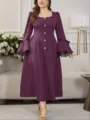 Abito maxi viola plus size con maniche a campana in pizzo e bottoni dorati sul davanti. - 0068