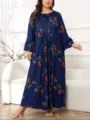 Abito lungo taglie forti maniche lunghe stampa floreale blu comodo elegante kaftan da donna - 051 / 0XL