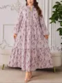 Grote maat bloemen print maxi jurk lange mouw gelaagd casual elegante lange gewaad - Roze Paarse Bloemenprint