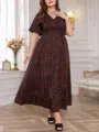 Abito lungo taglie forti marrone con stampa leopardata scollo V maniche corte elegante. - 052 / 3XL