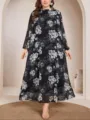 Abito lungo maxi nero e bianco a fiori maniche lunghe taglie forti elegante chic. - 0077
