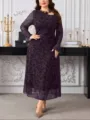 Plus size lange mouw donkerpaarse bloemen midi jurk, elegante losse variant. - Donkerpaars Jacquard