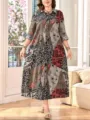 Abito maxi patchwork taglie forti a maniche lunghe, vestito camicia floreale casual ampio donna. - 0080