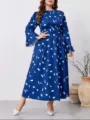 Taglie Forti Abito Lungo Blu Con Stampa Astratta Maniche Lunghe Elegante Donna - 054 / 0XL