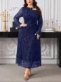 Elegante donkerblauwe maxi-jurk in grote maat met lange mouwen en bladmotief. - Donkerblauw Jacquard