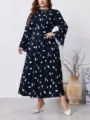 Abito lungo taglie forti a maniche lunghe con stampa astratta, elegante vestito midi da donna - 055 / 1XL