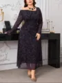 Elegante plus size off-shoulder bloemen mesh lange mouwen midi jurk voor dames stijl. - Donker Gaas Bloemen