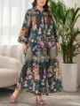 Taglie Forti Abito Lungo Camicia Vintage Stampa Floreale Maniche Lunghe Casual Donna - 0075