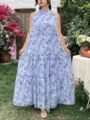 Dames losse lange jurk mouwloos halter blauw bloemen print elegante maxi zomerjurk casual - Lichtblauw Paars Halter Bloemen
