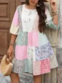 Grote maat casual patchwork bloemenprint korte mouw gingham midi jurk stijl variant. - Bloemen- en ruitjespatchwork